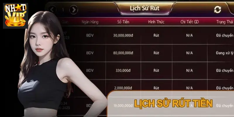 Tình trạng rút tiền thể hiện trong bảng lịch sử giao dịch